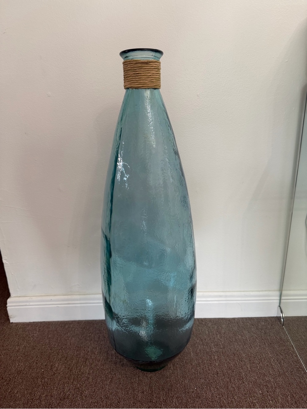 Tall Teal Glass Floor Vase with Wrapped Rope Neck - PICK UP ONLY